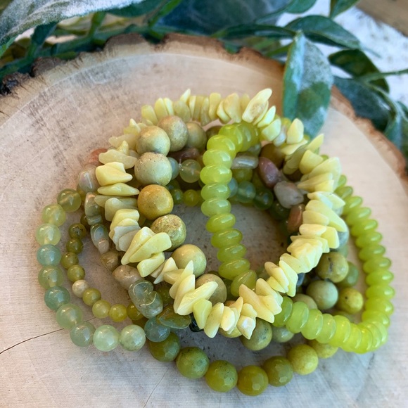 Natural Yellow Turquoise, Green Serpentine & Jade Gemstone Mixed Bead Bracelets - Picture 8 of 8